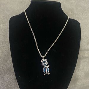 Silver tone and Blue Cat Pendent Necklace